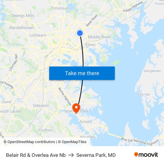 Belair Rd & Overlea Ave Nb to Severna Park, MD map