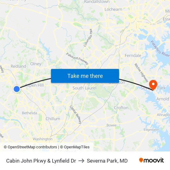 Cabin John Pkwy & Lynfield Dr to Severna Park, MD map