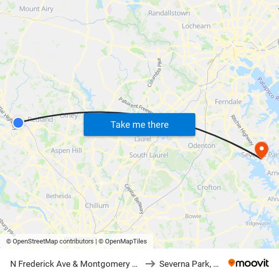 N Frederick Ave & Montgomery Ave to Severna Park, MD map