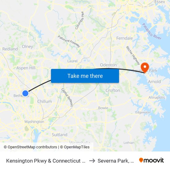 Kensington Pkwy & Connecticut Ave to Severna Park, MD map