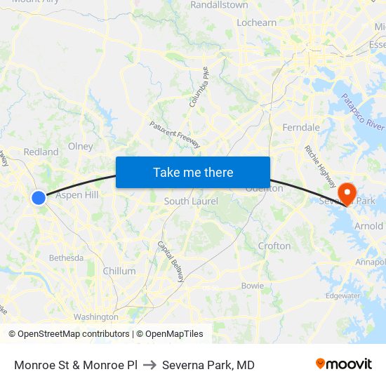 Monroe St & Monroe Pl to Severna Park, MD map