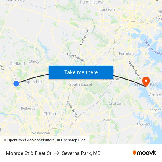 Monroe St & Fleet St to Severna Park, MD map