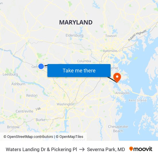 Waters Landing Dr & Pickering Pl to Severna Park, MD map