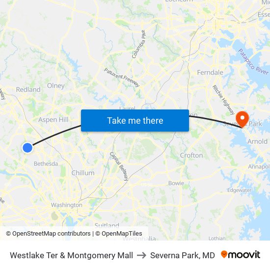 Westlake Ter & Montgomery Mall to Severna Park, MD map