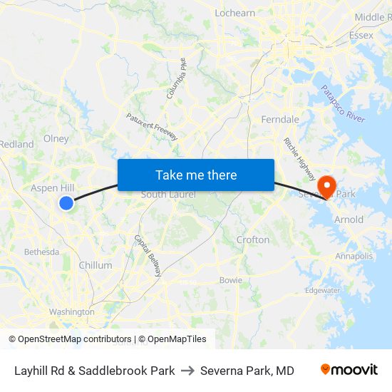 Layhill Rd & Saddlebrook Park to Severna Park, MD map