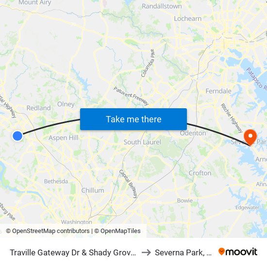 Traville Gateway Dr & Shady Grove Rd to Severna Park, MD map