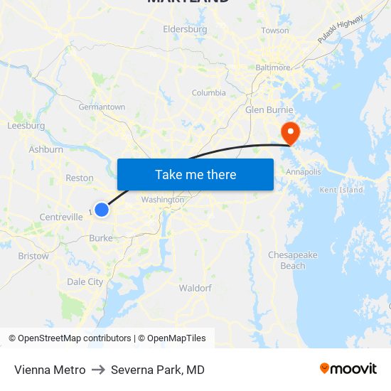 Vienna Metro to Severna Park, MD map