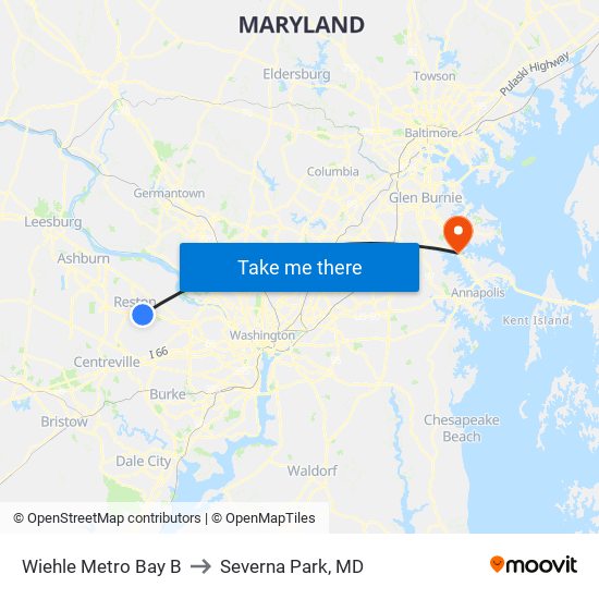 Wiehle Metro Bay B to Severna Park, MD map