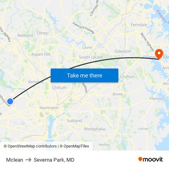 Mclean to Severna Park, MD map