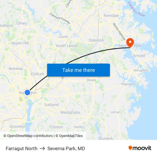 Farragut North to Severna Park, MD map