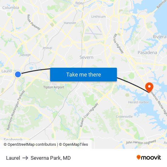 Laurel to Severna Park, MD map