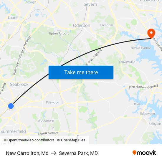 New Carrollton, Md to Severna Park, MD map