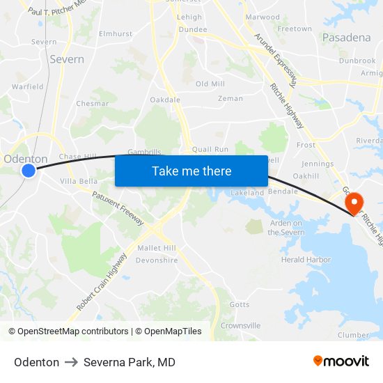 Odenton to Severna Park, MD map