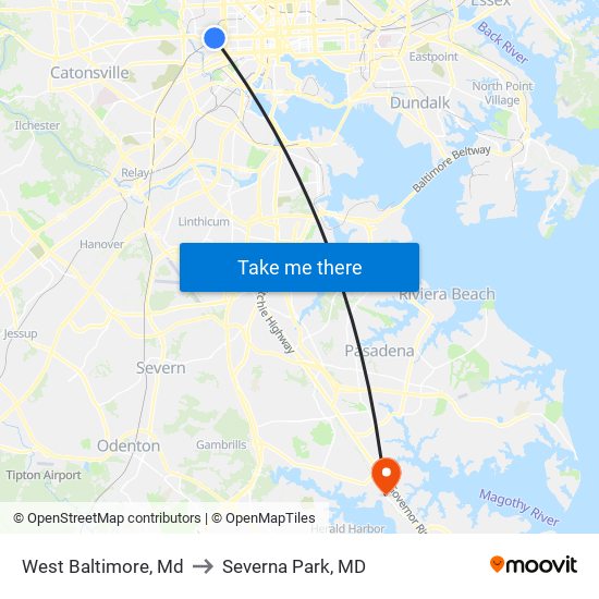 West Baltimore, Md to Severna Park, MD map