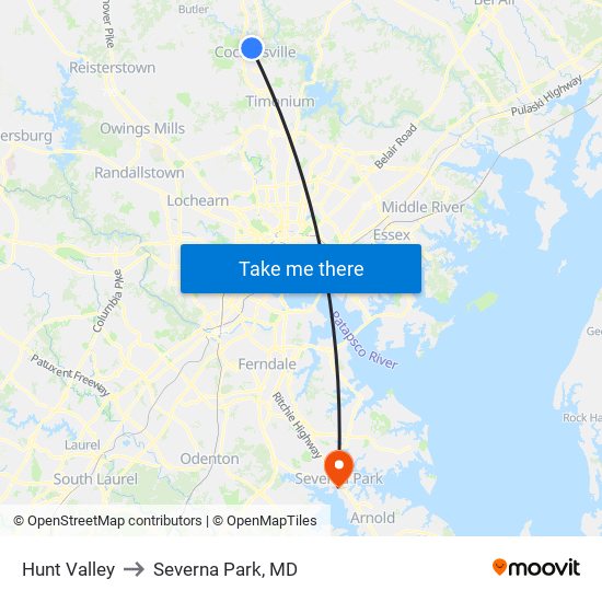 Hunt Valley to Severna Park, MD map