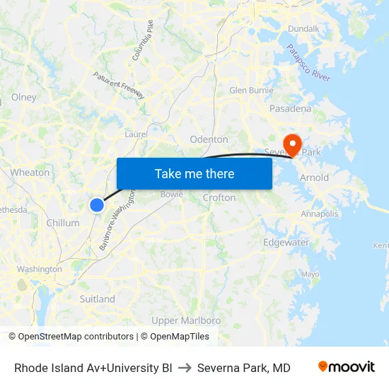 Rhode Island Av+University Bl to Severna Park, MD map