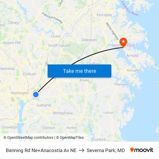 Benning Rd Ne+Anacostia Av NE to Severna Park, MD map