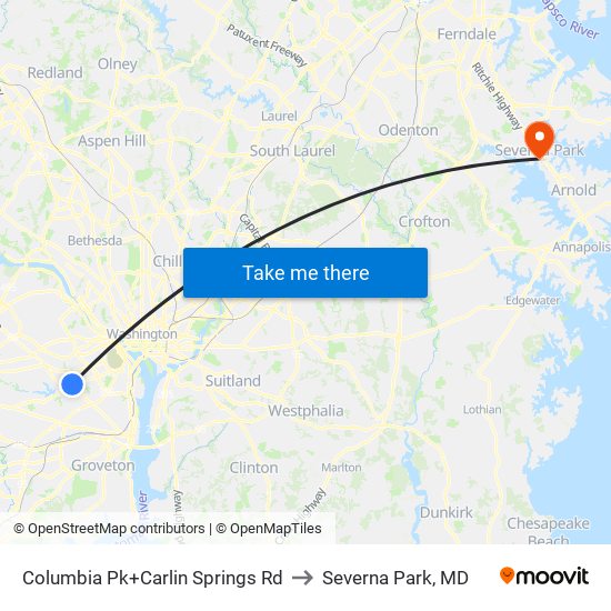 Columbia Pk+Carlin Springs Rd to Severna Park, MD map