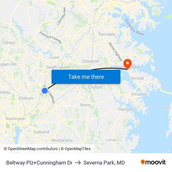 Beltway Plz+Cunningham Dr to Severna Park, MD map