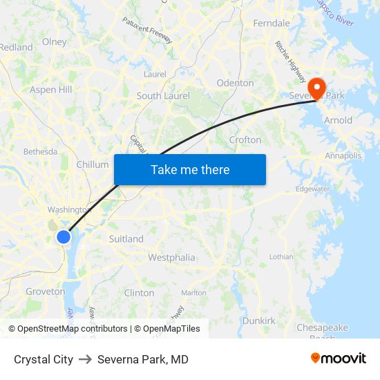 Crystal City to Severna Park, MD map