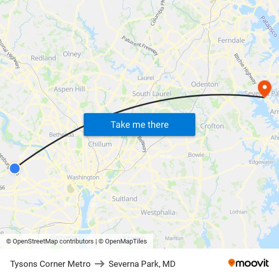 Tysons Corner Metro to Severna Park, MD map