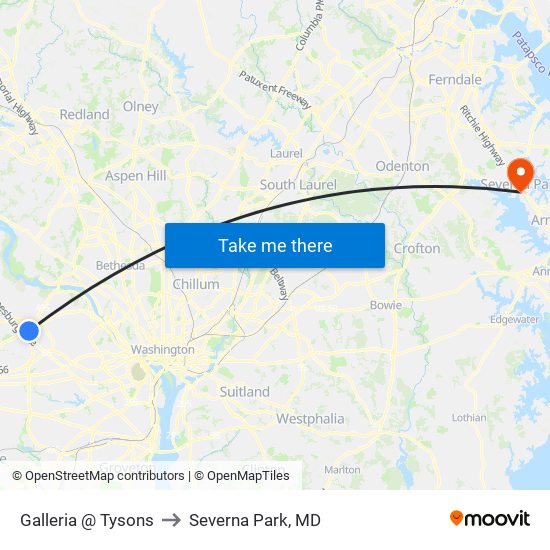 Galleria And Tysons to Severna Park, MD map