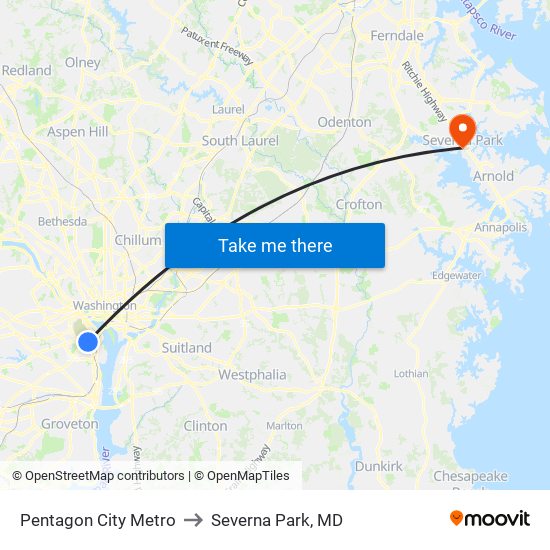 Pentagon City Metro to Severna Park, MD map