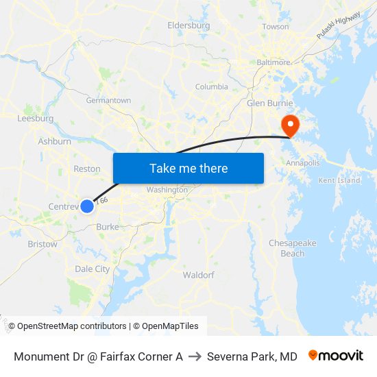 Monument Dr @ Fairfax Corner A to Severna Park, MD map