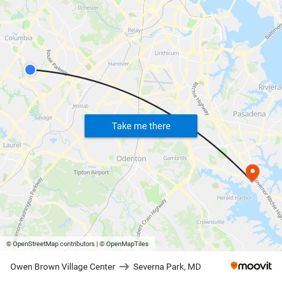 Owen Brown Village Center to Severna Park, MD map