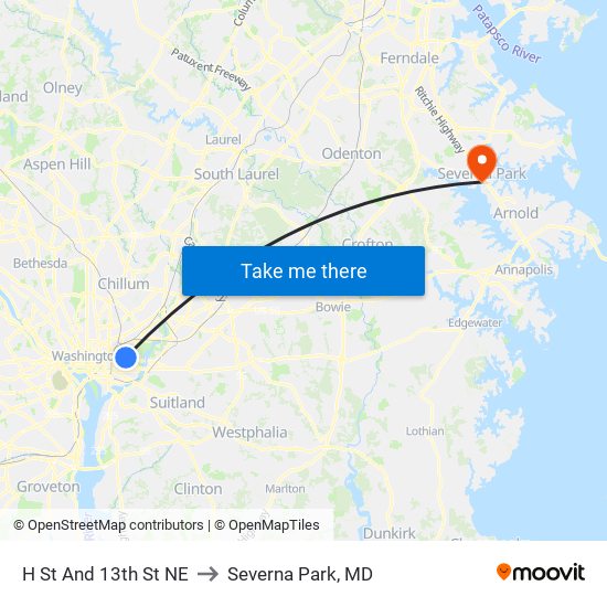 H St And 13th St NE to Severna Park, MD map