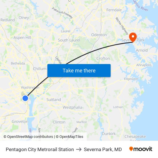 Pentagon City Metrorail Station to Severna Park, MD map