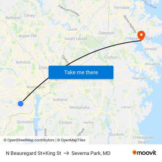 N Beauregard St+King St to Severna Park, MD map