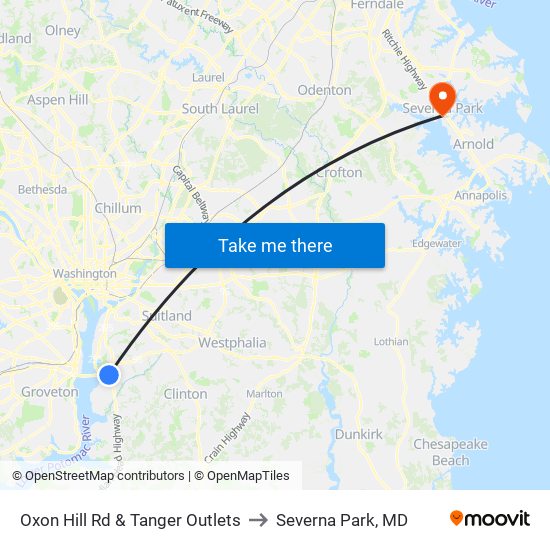Oxon Hill Rd & Tanger Outlets to Severna Park, MD map