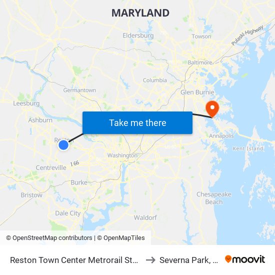 Reston Town Center Metrorail Station to Severna Park, MD map
