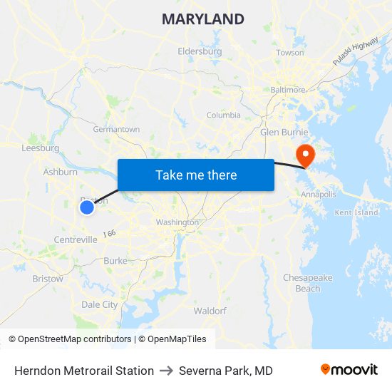 Herndon Metrorail Station to Severna Park, MD map