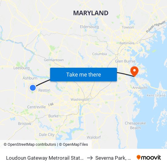 Loudoun Gateway Metrorail Station to Severna Park, MD map