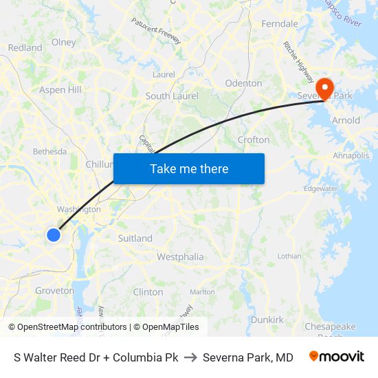 S Walter Reed Dr + Columbia Pk to Severna Park, MD map