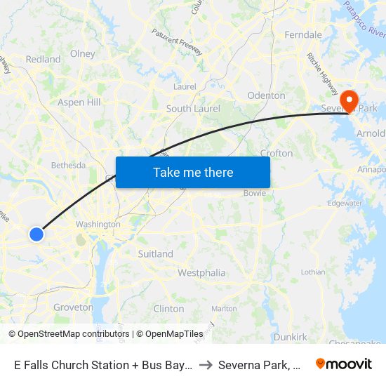 E Falls Church Station + Bus Bay D to Severna Park, MD map