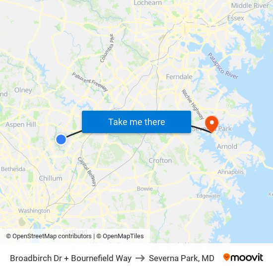 Broadbirch Dr + Bournefield Way to Severna Park, MD map