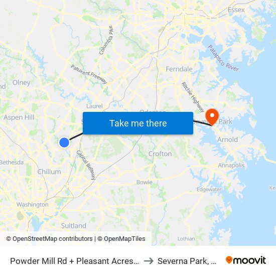 Powder Mill Rd + Pleasant Acres Dr to Severna Park, MD map