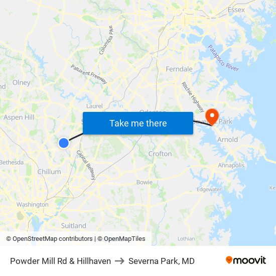 Powder Mill Rd & Hillhaven to Severna Park, MD map