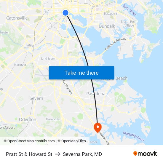 Pratt St & Howard St to Severna Park, MD map