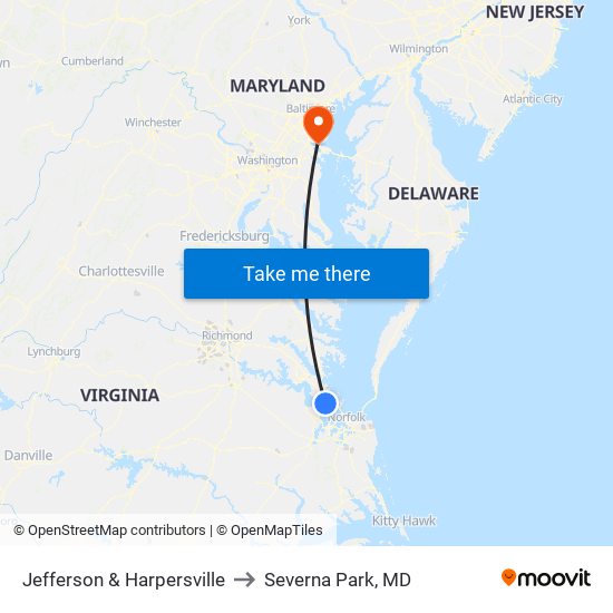 Jefferson & Harpersville to Severna Park, MD map