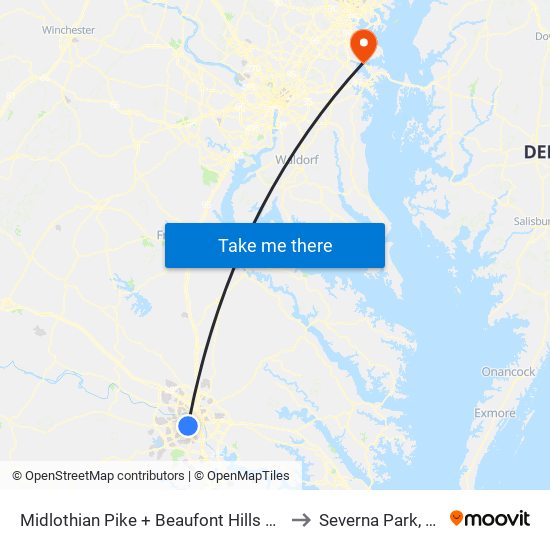 Midlothian Pike + Beaufont Hills Drive to Severna Park, MD map