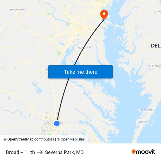 Broad + 11th to Severna Park, MD map