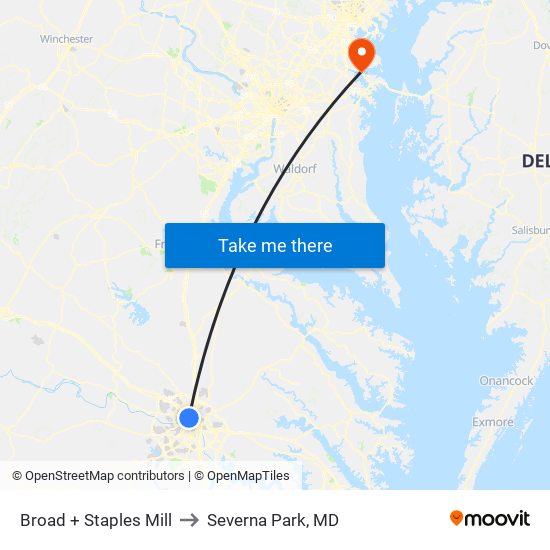 Broad + Staples Mill to Severna Park, MD map