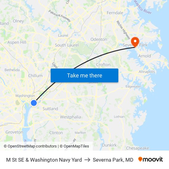 M St SE & Washington Navy Yard to Severna Park, MD map