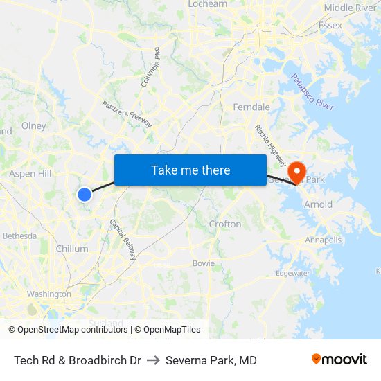 Tech Rd & Broadbirch Dr to Severna Park, MD map