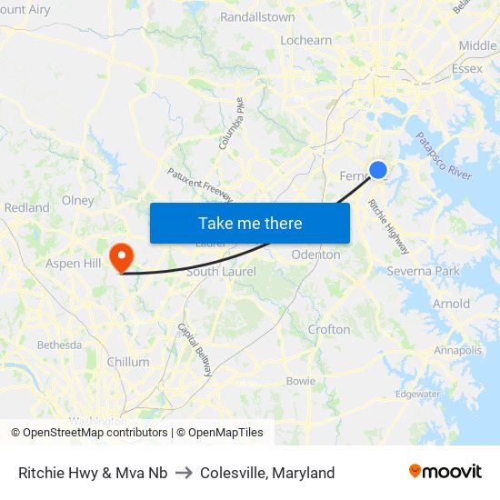 Ritchie Hwy & Mva Nb to Colesville, Maryland map