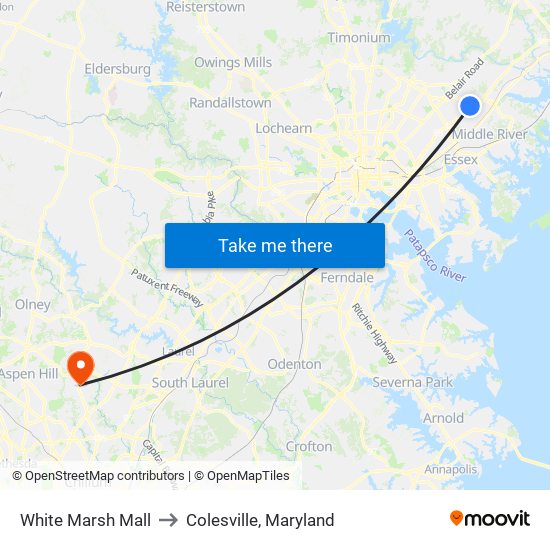 White Marsh Mall to Colesville, Maryland map